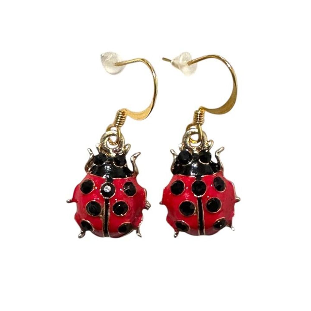 Indio Jewelry Red Rhinestone Enamel and Gold LadyBug Earrings #2304